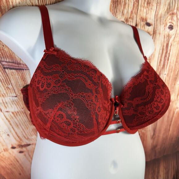 Cacique BOOST BALCONETTE Size 42F Red Lace Black Underlay Padded Underwire Bra - Picture 2 of 6